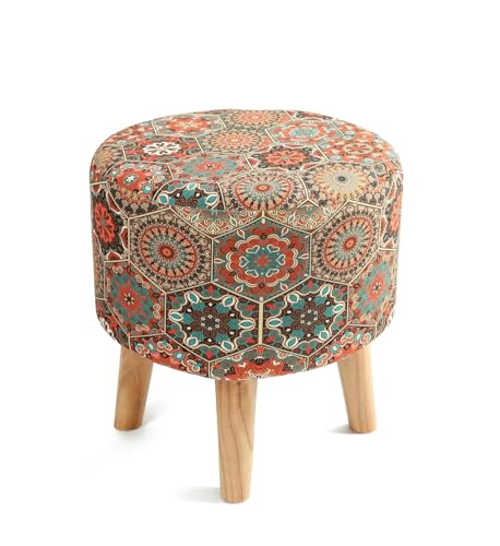 Image of NACIA Printed Ottoman Stools for Home Printed Ottoman Stool Set of 2 Bench for Living Room for Sitting Wooden Round Foot Rest Pouf for Home Decoration Pouffes for Dressing Table 16 inchx18 inch Octa