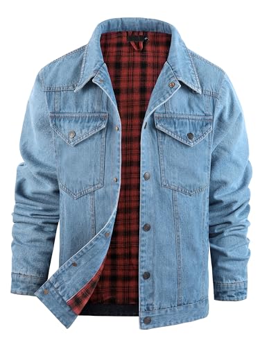 Men's Denim Jacket Lined Flannel Plaid Vintage Cowboy Cut Western Classic Trucker Motorcycle Snap Fall Long Sleeves