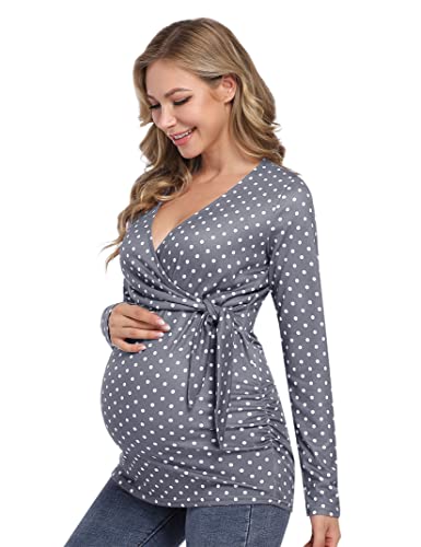 KOJOOIN Camiseta de maternidad de manga corta con cuello en V para lactancia materna, plisada, ropa de maternidad, túnica de embarazo, Gris-03, L