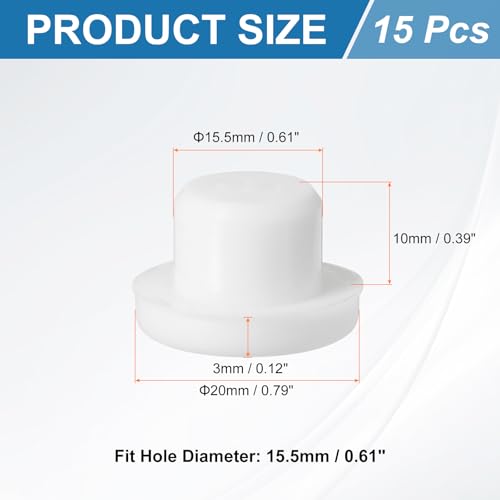 Image of uxcell 15Pcs Silicone Hole Plug, Waterproof T-Shaped Rubber Stoppers Bottle Seal Tube Pipe Plug End Cap for 15.5mm /0.61 inch Hole for Bathtub Bottle, 0.39 inch Plug Height, White