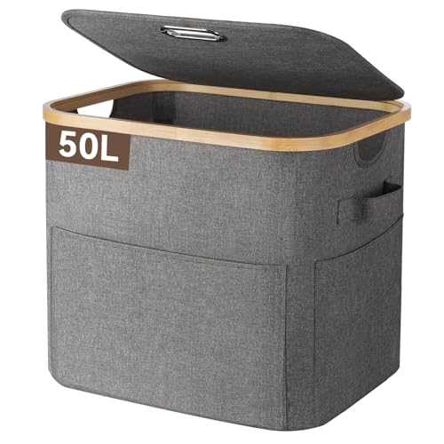 OUSFOT Cesta Ropa Sucia Pequeño 50 L, Laundry Basket con Bolsillos Frontales Grandes y un Asa Resistente, Impermeable Cesto Ropa Plegable para Armarios de Pared, Dormitorio, Lavaderos, Baños