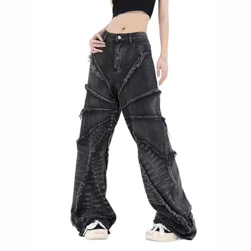 Gothic Jeans, Women's Street Hip-hop Patchwork with raw Edges, Black Jeans, Y2K Men's Distressed Straight Leg Pants - Main Image