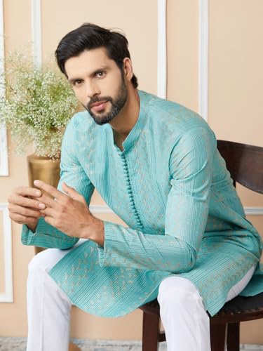 Image of See Designs Men's Long Sleeve Mandarin Collar Side Slit Embroidered Thread Work Sequinned Chanderi Silk Straight Kurta with Pyjama