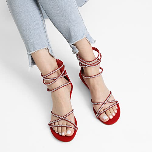 Dream Pairs Women's Weitz Red Ankle Strap Rhinestones Low Wedge Sandals - 8 M Us #TOP5