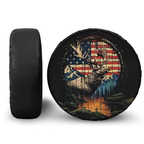 Image of Pensura Spare Tire Wheel Cover Easy Installation American Flag Deer Spare Tire Cover Funny Elastic Car Accessories Decorations for RV Trailer, Jeep, Truck, SUV