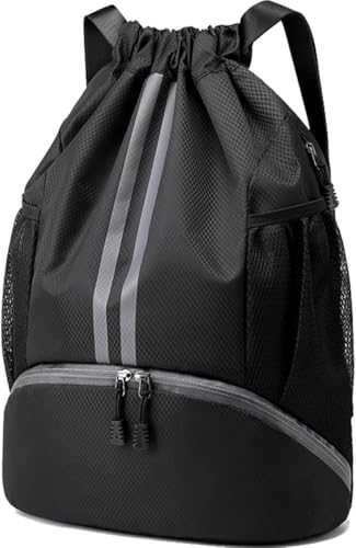 Image of Sports Drawstring Backpack for Men & Women - Waterproof Gym Bag with Separate Shoe Compartment & Mesh Pockets - Lightweight Basketball, Swimming & Travel Kit Bag (Black)