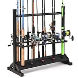 24-Rod Aluminum Alloy Rolling Fishing Pole Holder, Rustproof Fishing Rod Rack with 360° Lockable Wheels, Multi-Functional Storage Organizer for Garage & Home, Fits Most Rods & Golf Clubs (Black)