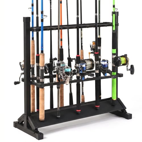 Jorazor 24-Rod Aluminum Fishing Rod/Pole Holder, Rustproof Fishing Rod Rack with 360° Lockable Wheels, Multi-Functional Storage Organizer for Garage & Home, Fits Most Rods & Golf Clubs (Black) by Jorazor - Used condition - US$41.56