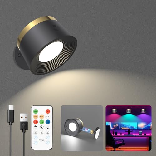 Image of LED Wall Sconces Set of Two, Rechargeable Battery Operated Wall Lights with Remote, Wall Lamp Wireless 3 Color Temperatures + 13 RGB & Dimmable Magnetic 360 Rotation (1 pc Black)