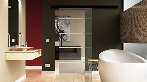 Glas-Schiebetür 1025x2050 mm 5-Streifen-Design Klarglas Sadora® Slimline-System komplett Laufschiene in Schwarz und Griffleiste beidseitig Schiebetür aus Glas für Innenbereich Glas-Schiebetür 1025x2050 mm 5-Streifen-Design Klarglas Sadora® Slimline-System komplett Laufschiene in Schwarz und Griffleiste beidseitig Schiebetür aus Glas für Innenbereich