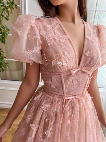 Women's Tulle 3D Butterfly Prom Dress 2024 Tea Length Lace Puff Sleeve V Neck Evening Party Gowns4