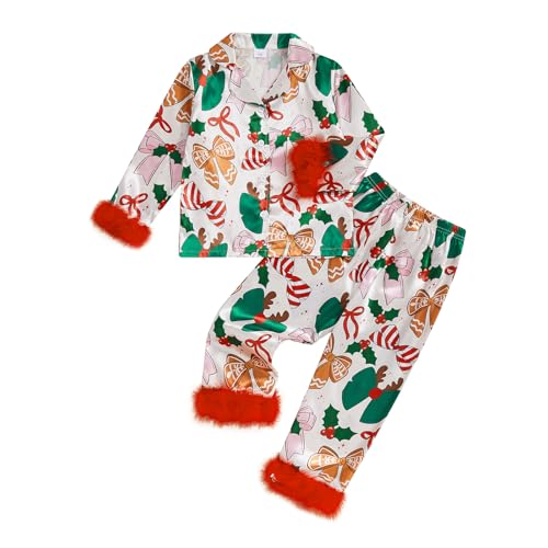 Kids Toddler Boy Girl Silk Pajamas Set Christmas Tree Santa Fuzzy Trim Long Sleeve Button Down Shirt Pants Fall Pjs Sleepwear