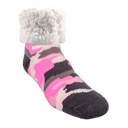 Pudus Camo Pink Cozy Winter Slipper Socks for Women and Men with Non-Slip Grippers and Faux Fur Sherpa Fleece - Adult Regular Fuzzy Socks