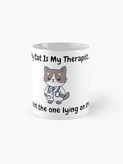 Funny Coffee Mug Adult Humor 11oz - Microwave and Dishwasher Safe (My Cat is My Therapist... But I'm Not The One Lying On The Couch - 11oz.)