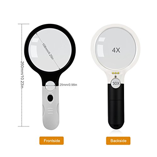 Lupa de 4 LEDs, Marrywindix 4 x 30 x, lupa portátil de 12 cm, grande lupa para ler joias de ampliaçã