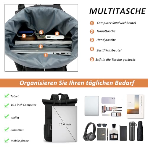 TANTOMI Laptop Rucksack, Rucksack Laptop Tasche 15,6 Zoll, Rucksack Damen und Herren weit öffenbar, Rolltop Rucksack wasserdicht, Backpack Daypack für Schule, Fahrradfahren, Freizeit und Reise