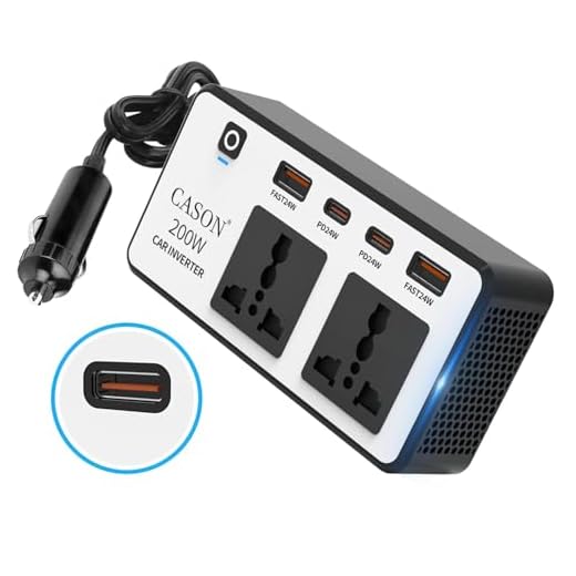 Cason -200W Car Inverter 12V to 220V, QC3.0 Fast Charging Car Laptop Charger, Power Inverter with 2 USB (3.1A Max) + 2 Type-C (24W PD),Car Socket to Plug Adapter(Black,White)