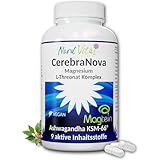 CerebraNova - 120x Kapseln - 2000mg Magtein Magnesium L-Threonat & 600 mg Ashwagandha KSM-66 mit Vitaminen B1, B5, B6, B9, B12, D & Selen – Made in Germany