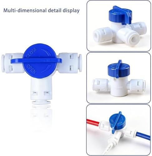2-Pack Auto Top Off 1/4 Inch Three-Way Valve Water System Adapters, Two Faucets with 6 Blue Rings, Quick-Connect Push-to-Connect Plastic Pipe Fitting for Reverse Osmosis RODI Water Processing System - 3