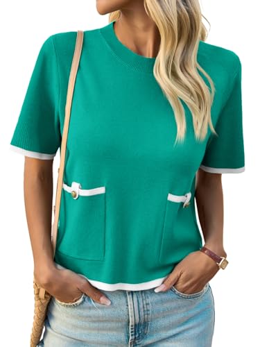 Image of Saodimallsu Women's Short Sleeve Color Block Crew Neck Sweater