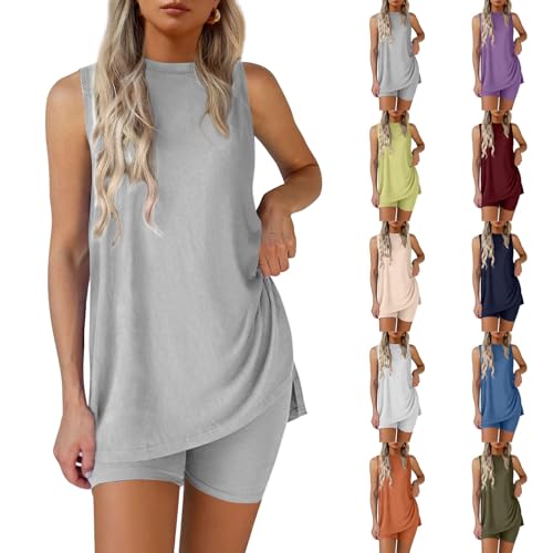 Conjunto de dos piezas para mujer con pantalones cortos, camisetas sin mangas y pantalones cortos para mujer, talla grande, cuello redondo, con abertura lateral, conjunto de camiseta sin mangas casual