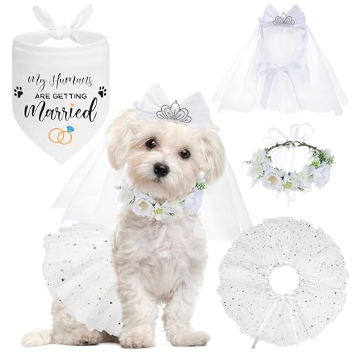 SCENEREAL Small Dog Wedding Dress 4-Piece Set with Tutu Skirt Bow Veil Flower Collar and Bandana My Humans are Getting Married for Small Dogs Cats