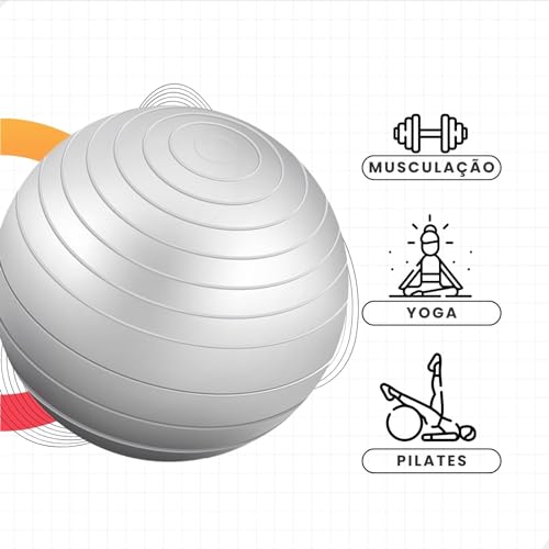 Bola Pilates 65cm Suíça Yoga Ginástica C/Bomba Inflar Exercícios Versáteis p/Equilíbrio e Fortalecim