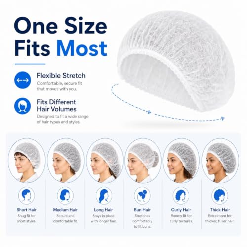Image of Amazon Brand - QWENOX Disposable Bouffant Caps Hair Net Cap 100 Pcs Elastic Mob Caps for Food Service, Medical Use, Sleeping Head Cover, Factory Warehouse Worker, Beauty (White)
