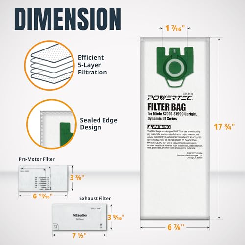 Image of POWERTEC Type U 3D Airclean Vacuum Bags for Miele, 4 Pack Bags & 2 Filters, Replacement Filter Bags for Miele S7000-S7999 Upright and Dynamic U1 Series Vacuums (75144)