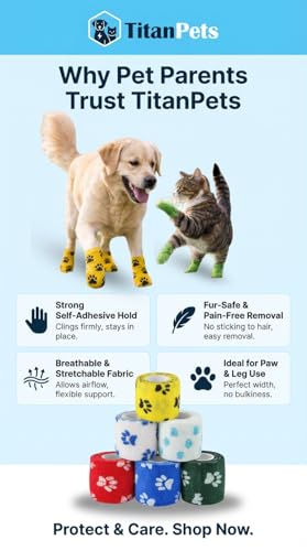 Image of Dog Bandage Cohesive Wrap for Paw & Leg | 10cm x 4.5m - Pack of 4 | Easy Tear, Fur Safe | Self Adhesive Elastic Vet Tape for Walking Protection, Wound Care & Licking Prevention Bandage Roll