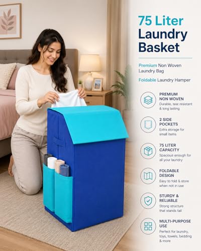 Image of 75 Liter Non Woven Laundry Basket with 2 Side Pockets for Socks and Handkerchief |Foldable Clothes Storage Bin Organizer for Dirty Clothes, Kids Toys, Bedroom & Bathroom (Dark & light blue)