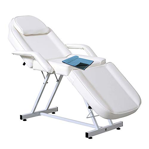 OKAKOPA Spa Beds Tattoo Chair, Adjustable Facial Chair Massage Table Spa Salon Beauty Personal Care Equipment White Black (White)