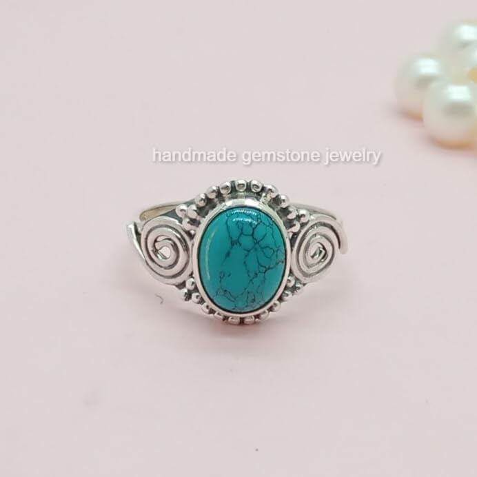 Handmade Turquoise Ring for Women - Dainty Oval Blue Gemstone Boho Silver Gifts, Hippie Style Turquoise Jewelry, Perfect Valentine's Day Gift