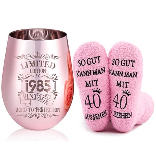 Geiserailie Lustige 40/60 Geschenke für Frauen zum Geburtstag inklusive Rosé Vergoldetes Weinglas mit Gravur und Geburtstagssocken Geschenk zum Hochzeitstag Rotweingläser und Strümpfe für Damen(40)