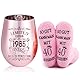 Geiserailie Lustige 40/60 Geschenke für Frauen zum Geburtstag inklusive Rosé Vergoldetes Weinglas mit Gravur und Geburtstagssocken Geschenk zum Hochzeitstag Rotweingläser und Strümpfe für Damen(40)