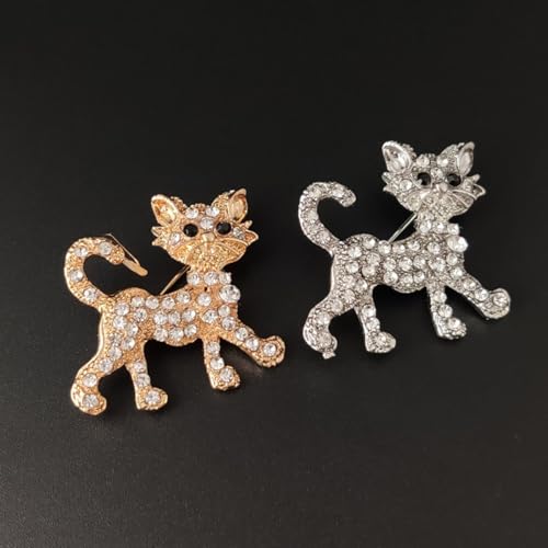 Image of Rhinestone Cat Brooch Pin Gold Silvery Sparkle Crystal Brooch Cute Clothing Hat Bag Skirt Accessories for Women
