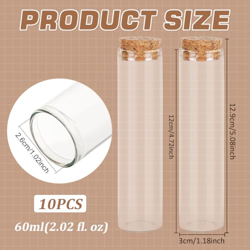 Image of BENECREAT 10 Pack 60ml Glass Test Tube with Cork Stopper Clear Flat Mini Glass Bottles Jars for Lab, Party Favors, Candy, Spices, Beads
