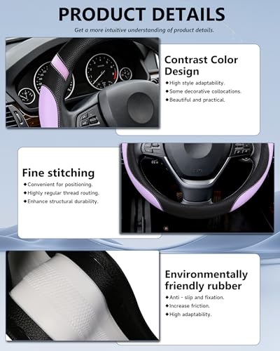 Image of Universal Leather Steering Wheel Cover for Women Steering Wheel Cover for Car 15 inch (Lilac Color)