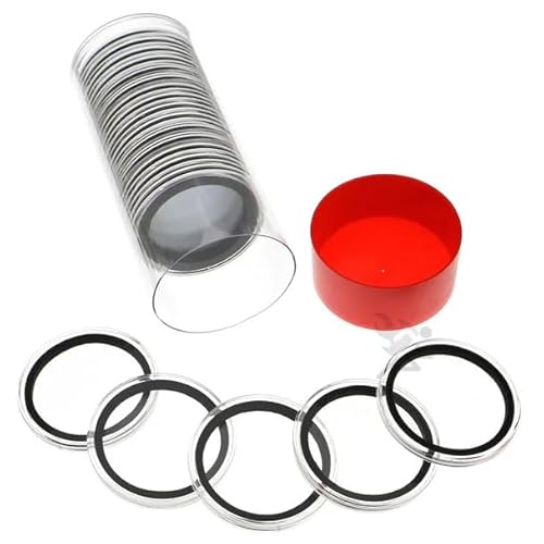 OnFireGuy 20pcs 40mm Black Ring Coin Holders & Capsule Tube with Red Cap Lid for Silver Eagles | Capsules & Storage Tube for 1oz American Silver Eagle, 30 gram Silver Panda, 1oz Silver Kangaroo