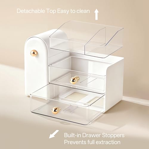Image of HBlife Makeup Organizer Countertop with Drawers, Vanity Organizers with Brush Holder, Bathroom Counter Organizer for Perfume, Nail Polishes, Lipsticks, Skincare and Eyeshadow Palettes, White and Clear