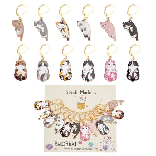 PLIGREAT 12 Pcs Colorful Cute Kitten Stitch Markers Knitting Locking Marker for Grandma Woman Weaving Sewing Quilting DIY Gifts Jewelry Making Accessories Crochet Markers with Lobster Claw Clasp