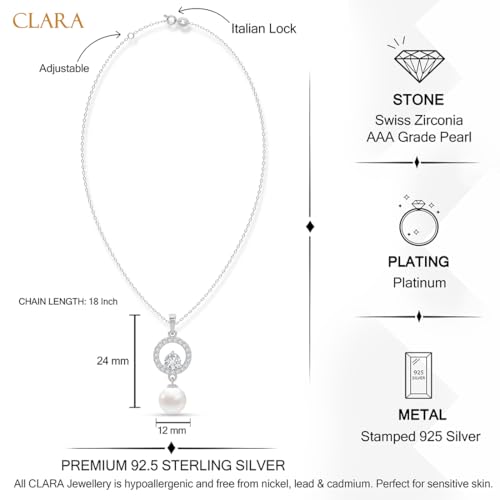 Image of CLARA 925 Sterling Silver Dante Pearl Pendant Earrings Chain Bracelet Ring for Women & Girls| Platinum Plated | Gift for her