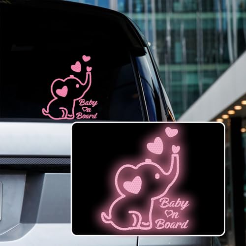 Image of High Intensity Reflective Baby on Board Car Decal Cartoon Cute Elephant Kids on Board Car Sticker Waterproof Safety Warning Decal Baby in Car Sticker (Pink)
