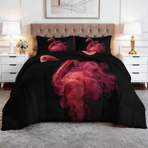 Genérico Edredón Nórdico 220 x 220 cm Animales Flamencos Humo Diseño, Relleno de Ecopiuma 400g/m² – Confort Térmico 4 Estaciones, Antialérgico – Set 3 Piezas Niños y Niñas, Negro