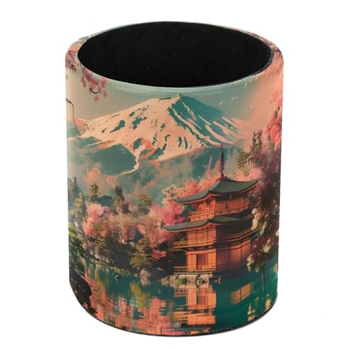 VAPOKF Soporte para bolígrafos para escritorio, soporte para lápices, brochas de maquillaje, almacenamiento de suministros de escritorio, organizador para oficina en casa, templo Fuji Mount Cereza