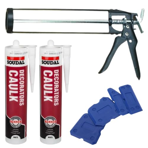 Decorator’s Caulk White Kit – 2x Flexible Filler Tubes with Caulking Gun & 4 Multi-Edge Silicone Tool Set – Paintable White Caulk for Sealing, Repairing & Finishing – Ideal for DIY & Trade