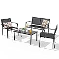 Shintenchi 4 Pieces Patio Furniture Set with Glass Coffee Table, Loveseat,2 Single Chairs,Patio Set with Breathable Backrest Material,Conversation Set for for Patio, Garden(Dark Black)