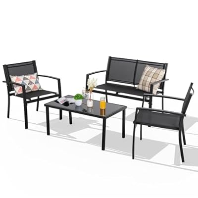 Shintenchi 4 Pieces Patio Furniture Set with Glass Coffee Table, Loveseat,2 Single Chairs,Patio Set with Breathable Backrest Material,Conversation Set for for Patio, Garden(Dark Black)