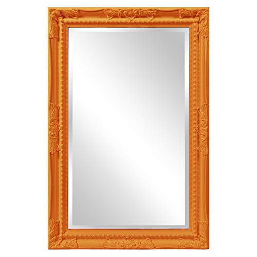 Image of Howard Elliott Collection Queen Ann Rectangular Glossy Orange Wall Mirror, Rectangle Hanging Wood Framed Vanity Mirrors for Home Decor, Living Room, Bathroom, Bedroom, or Hallway, 24 x 36 Inch