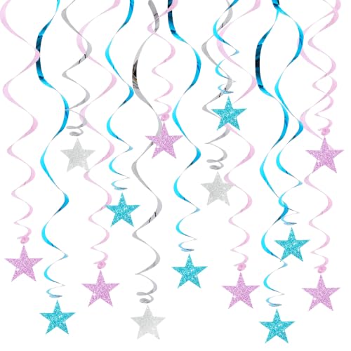 Image of BEISHIDA Blue Glitter Stars Hanging Swirls Pre-Strung Stars Hanging Decorations for Baby Shower Gender Reveal Birthday Party Decorations Supplies,Pack of 15